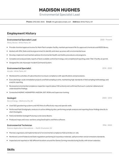 Environmental Specialist Lead Resume