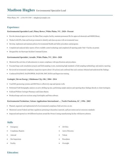 Environmental Specialist Lead Resume