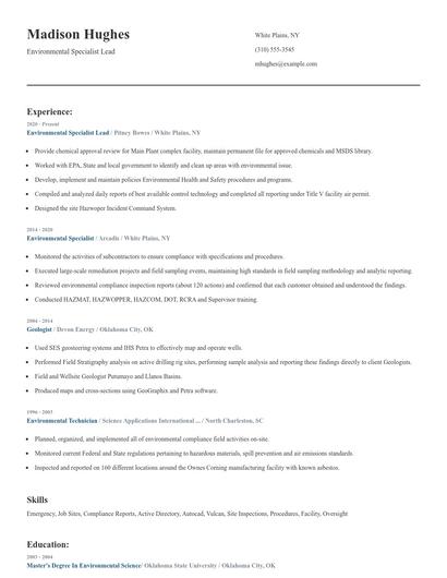 Environmental Specialist Lead Resume
