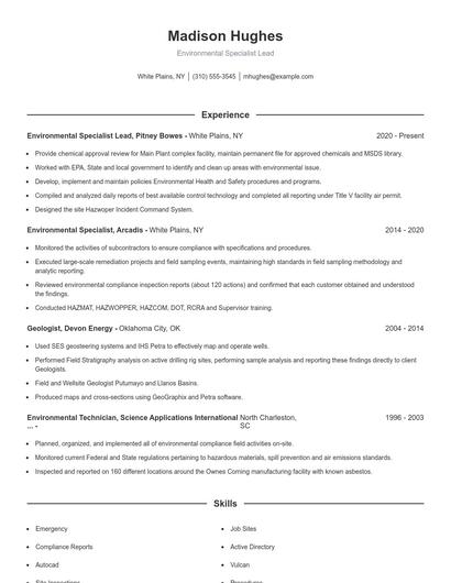 Environmental Specialist Lead Resume