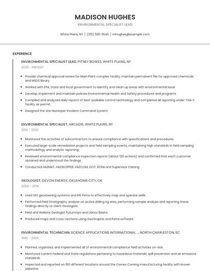 Environmental Specialist Lead Resume
