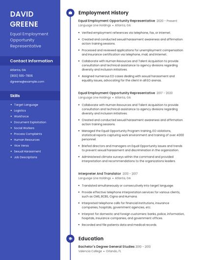Equal Employment Opportunity Representative Resume
