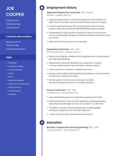 Equipment Engineering Technician Resume