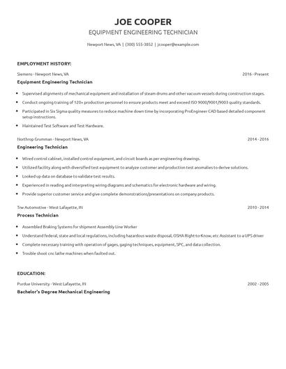 Equipment Engineering Technician Resume