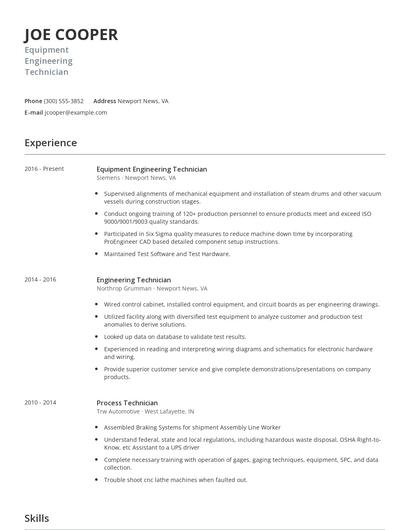 Equipment Engineering Technician Resume