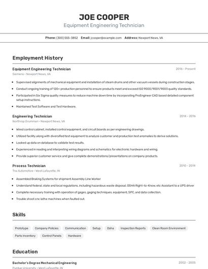 Equipment Engineering Technician Resume