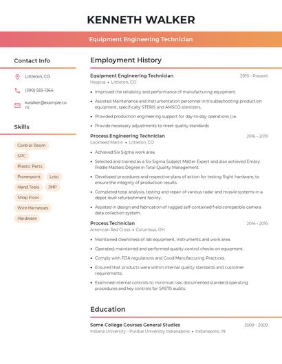 Equipment Engineering Technician Resume