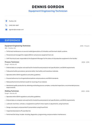 Equipment Engineering Technician Resume