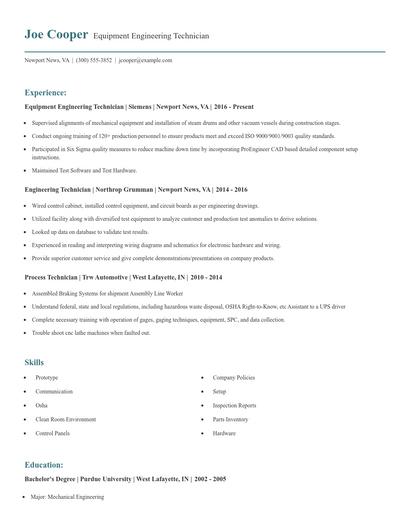 Equipment Engineering Technician Resume