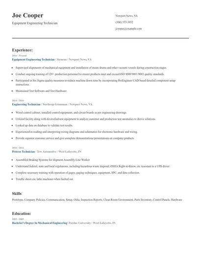 Equipment Engineering Technician Resume