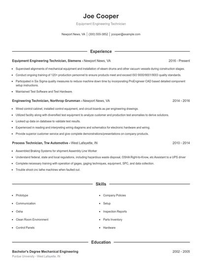 Equipment Engineering Technician Resume