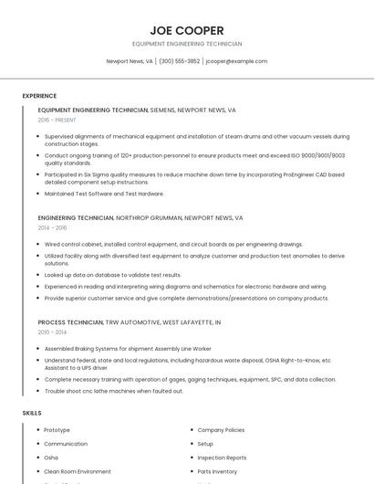 Equipment Engineering Technician Resume