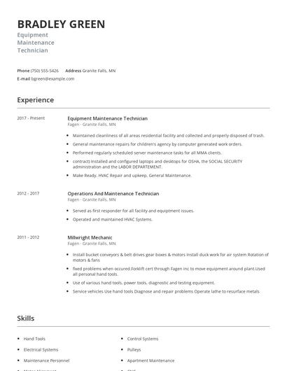 Equipment Maintenance Technician Resume