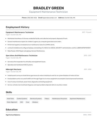 Equipment Maintenance Technician Resume