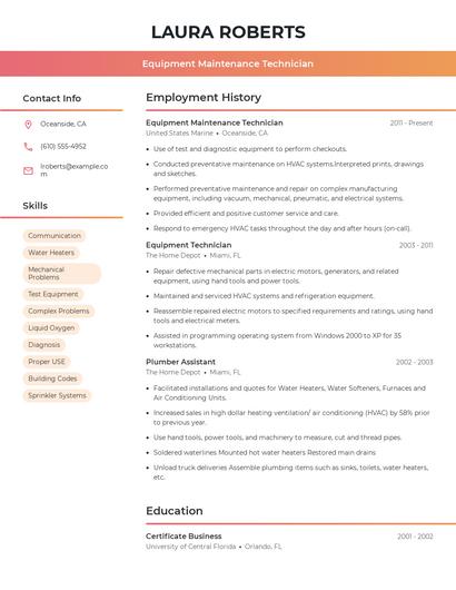 Equipment Maintenance Technician Resume