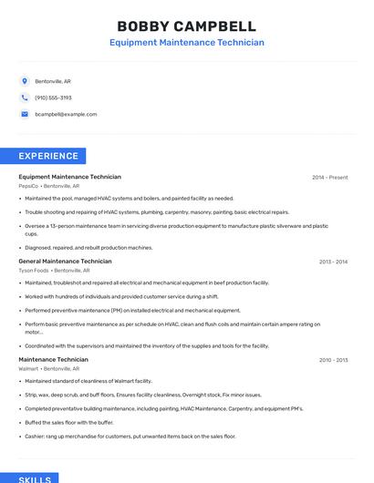 Equipment Maintenance Technician Resume
