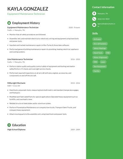 Equipment Maintenance Technician Resume