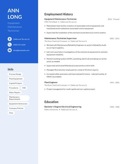 Equipment Maintenance Technician Resume