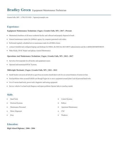Equipment Maintenance Technician Resume