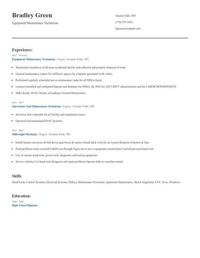 Equipment Maintenance Technician Resume