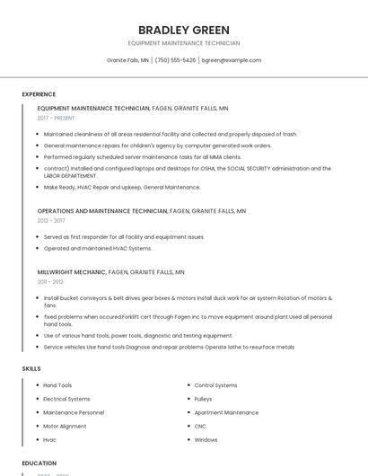 Equipment Maintenance Technician Resume