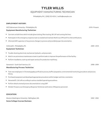 Equipment Manufacturing Technician Resume