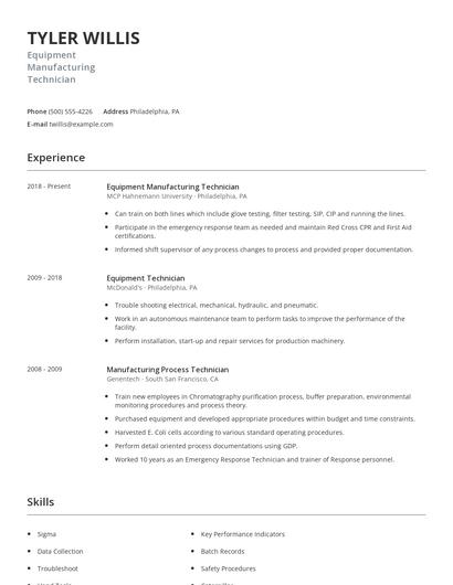 Equipment Manufacturing Technician Resume