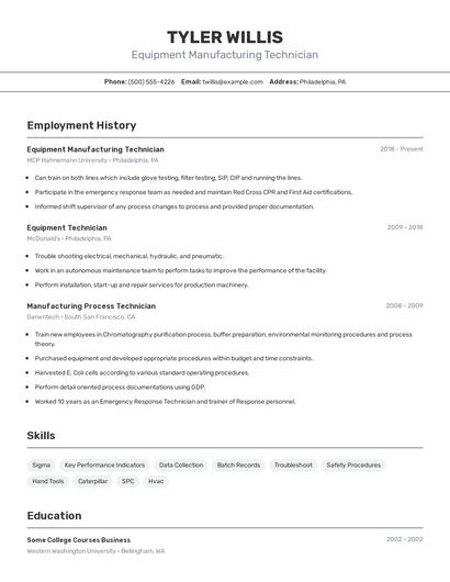 Equipment Manufacturing Technician Resume