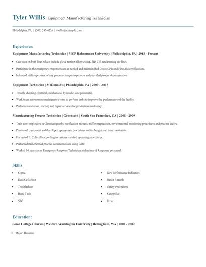 Equipment Manufacturing Technician Resume