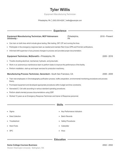 Equipment Manufacturing Technician Resume