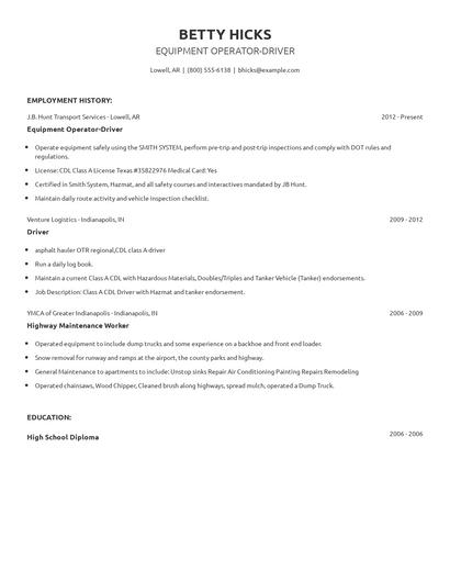 Equipment Operator-Driver Resume
