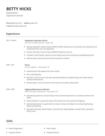 Equipment Operator-Driver Resume