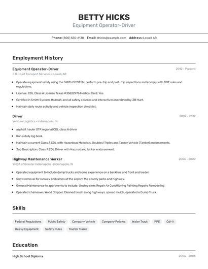 Equipment Operator-Driver Resume