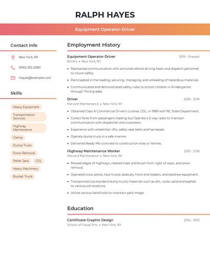 Equipment Operator-Driver Resume
