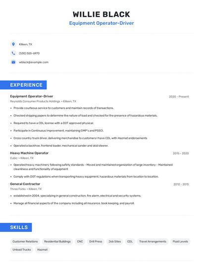 Equipment Operator-Driver Resume