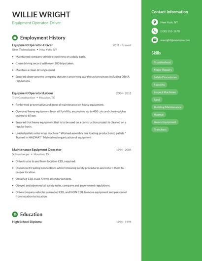 Equipment Operator-Driver Resume