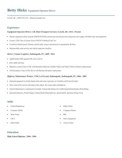 Equipment Operator-Driver Resume
