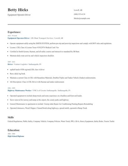 Equipment Operator-Driver Resume