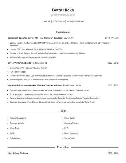 Equipment Operator-Driver Resume