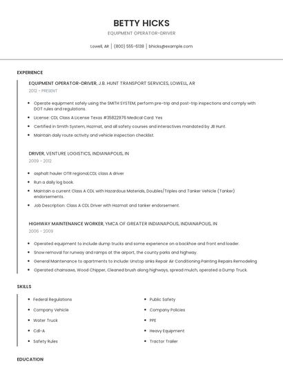 Equipment Operator-Driver Resume