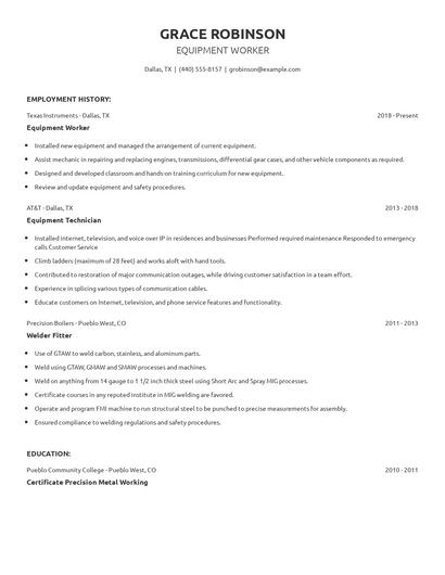 Equipment Worker Resume