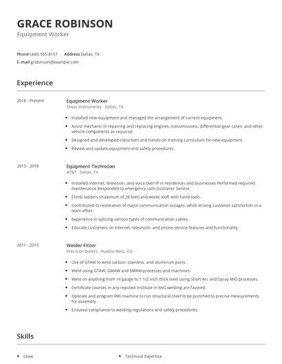 Equipment Worker Resume