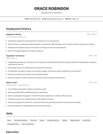 Equipment Worker Resume