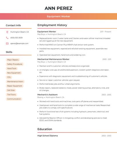 Equipment Worker Resume
