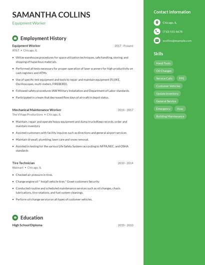 Equipment Worker Resume