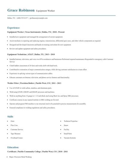 Equipment Worker Resume