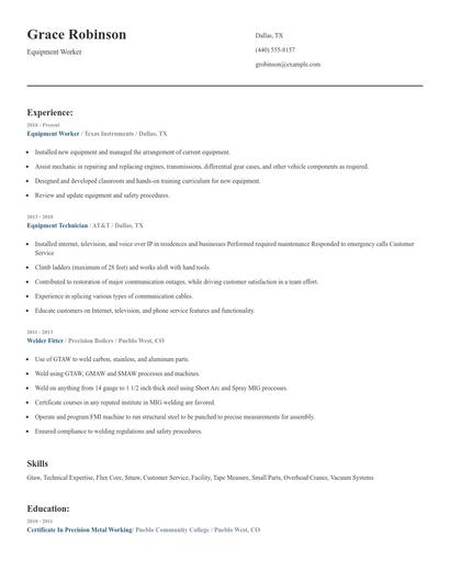 Equipment Worker Resume