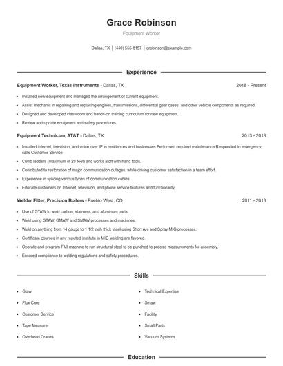 Equipment Worker Resume