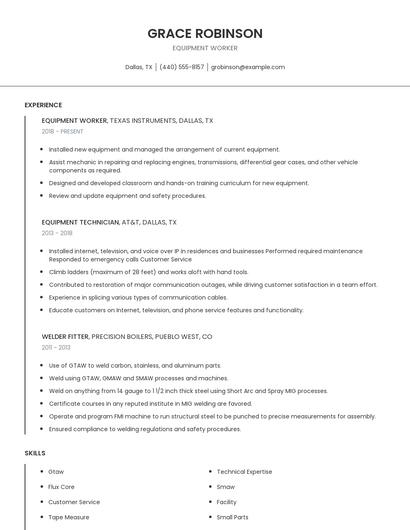 Equipment Worker Resume