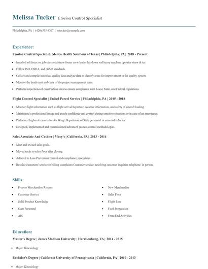 Erosion Control Specialist Resume